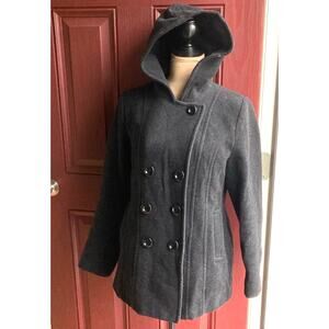 Braeton Hooded Wool Blend Peacoat Womens Black Double Breasted Lined Winter Chic